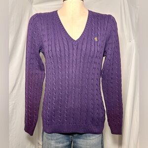 Lauren Ralph Lauren Purple Cable Knit V Neck Sweater LRL Logo Women’s Small